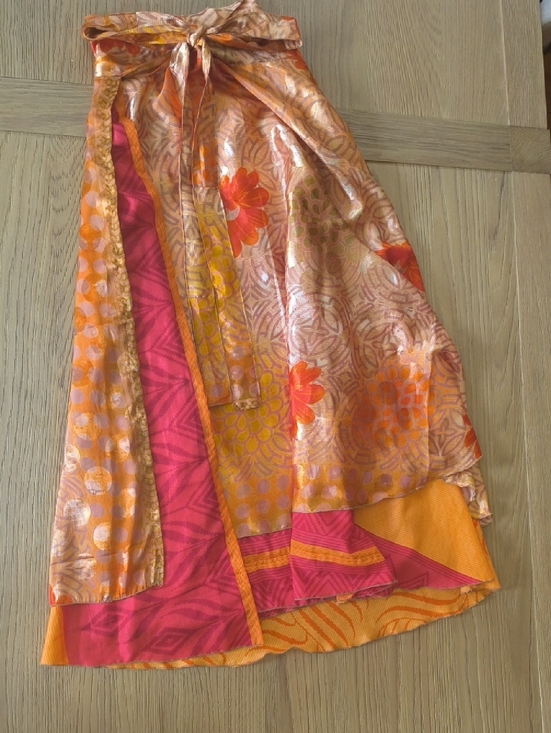 Darn Good Yarn Dresses & Skirts - VINTAGE Silk Sari Reversible Wrap Skirt - Red & Orange - Darn Good Yarn